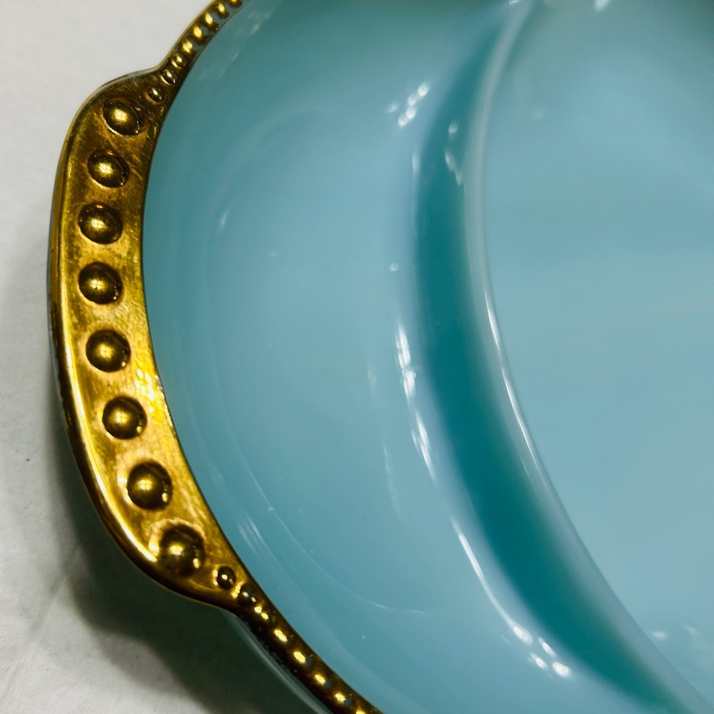 Vintage Fire King Delphite blue relish dish with beaded gold trim. Excellent! - Picture 2 of 5